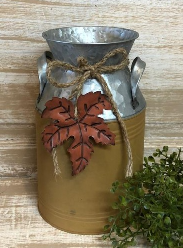 Tan and Metal Milk Can with Embossed Leaf